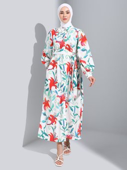 Desenli Kuşaklı Mercan Çiçek Desen Elbise