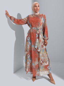 Desenli Mavi Kahve Elbise