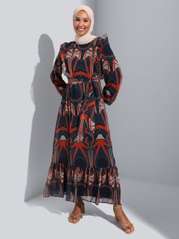 Desenli Ve Astarlı Şifon Petrol Elbise