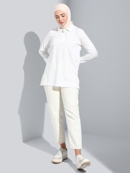 Doğal Kumaşlı Polo Yaka Off White Tunik