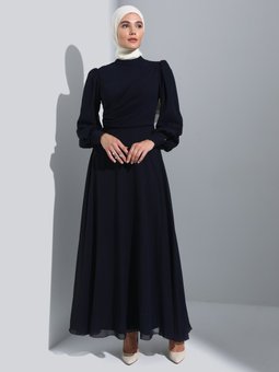 Drape Detaylı Şifon Lacivert Abiye Elbise