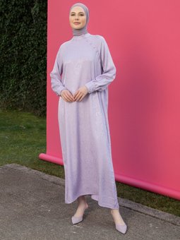 Düğme Detaylı Jakarlı Saten Toz Lila Elbise