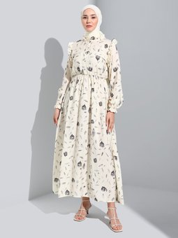 Fırfır Detaylı Çiçek Desenli Açık Taş Elbise