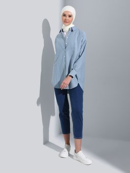 Gok Mavi Yanları Yırtmaçlı Oversize Poplin Tunik