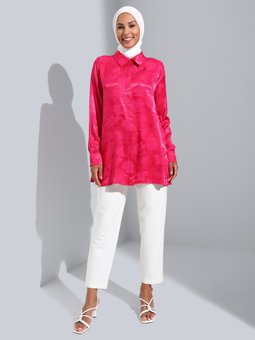 Jakarlı Saten Fuşya Tunik