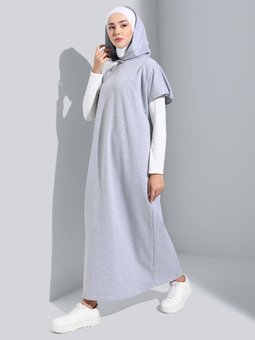 Kapüşonlu Kolsuz Gri Melanj Elbise