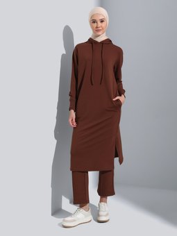 Kapüşonlu Yırtmaç Detaylı Koyu Kahve Tunik