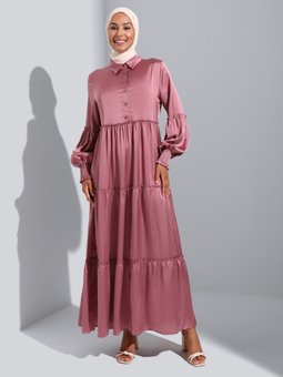 Kol Detaylı Yarım Düğmeli Saten Gül Elbise