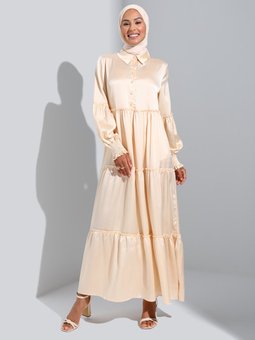 Kol Detaylı Yarım Düğmeli Saten Vanilya Elbise