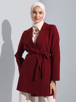 Kuşak Detaylı Koyu Kızıl Ceket