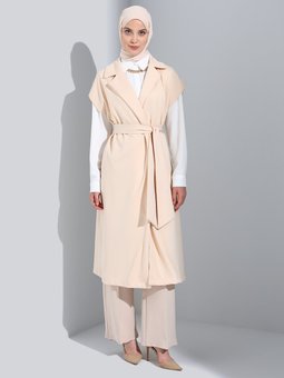 Kuşak Detaylı Yelek Açık Bej Kap