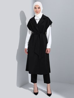 Kuşak Detaylı Yelek Siyah Kap