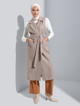 Kuşaklı Cep Detaylı Kaşe Camel Yelek