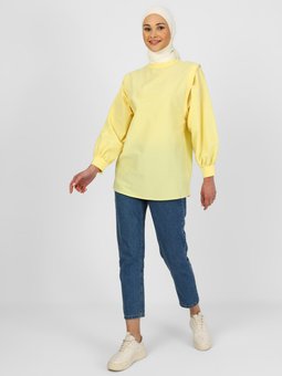 Omuz Detaylı Oversize Poplin Sarı Tunik