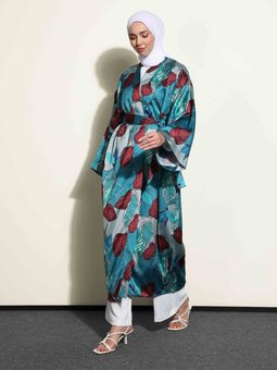 Saten Çiçek Desenli Abaya Mavi Ferace