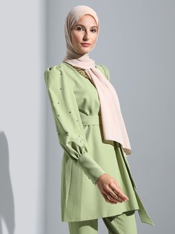 Taş Ve Düğme Detaylı Kirli Yeşil Abiye Takım