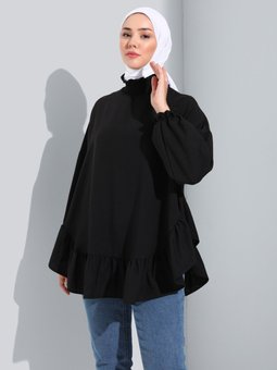 Volan Detaylı Aerobin Siyah Tunik