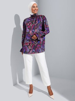 Yaka Ve Kol Uçları Gipe Detaylı Çiçek Desenli Saten Mürdüm Gri Bluz