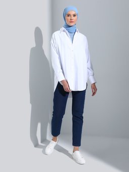 Yanları Yırtmaçlı Oversize Poplin Beyaz Tunik