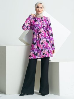 Desenli Fular Detaylı Fuşya Bluz