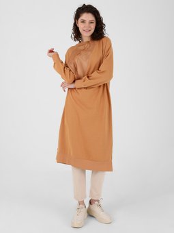 Önü Fermuar Detaylı Uzun Bej Tunik