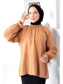 Boyunu Gipe Lastikli Bluz Taba