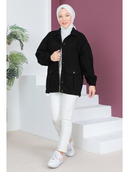 Çift Cepli Kot Siyah Ceket
