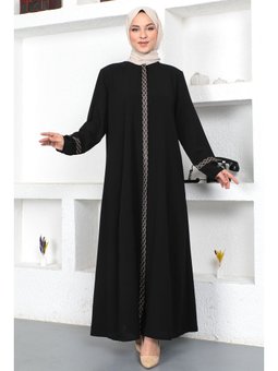 Pul İşlemeli Siyah Ferace