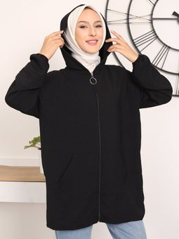 Kanguru Cepli Kapşonlu Siyah Hırka