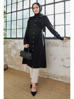 Kemerli Omuzu Taşlı Siyah Tunik