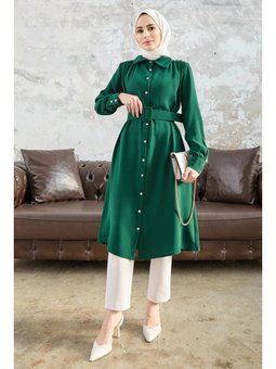 Kemerli Omuzu Taşlı Zümrüt Yeşili Tunik