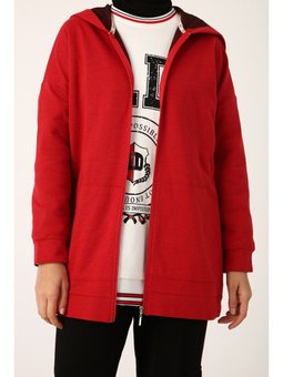 Kırmızı Kapüşonlu Fermuarlı Hırka