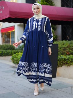 Desenli Dark İndigo Elbise