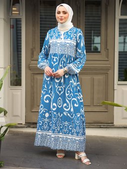 Desenli Dark İndigo Elbise
