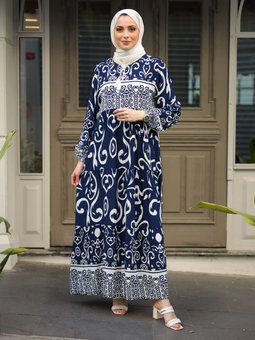 Desenli Lacivert Elbise