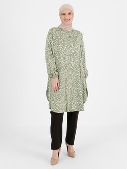 Düğme Detaylı Desenli Büyük Beden Viskon Çağla Tunik