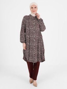 Düğme Detaylı Desenli Büyük Beden Viskon Mürdüm Tunik