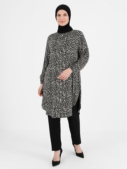 Düğme Detaylı Desenli Büyük Beden Viskon Siyah Tunik