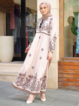 Sulu Desenli Bej Elbise