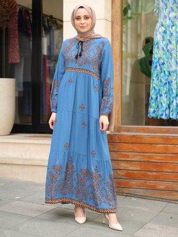 Sulu Desenli Koyu İndigo Elbise