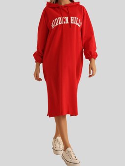 Kırmızı Kapüşonlu Yırtmaçlı İki İplik Tunik