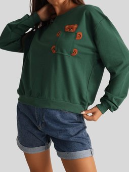 Koyu Yeşil Cebi Ayıcık Nakışlı İki İplik Sweat