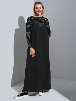 Büyük Beden Askılı Örme Spor Salopet Siyah Elbise