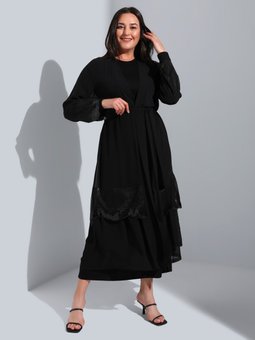 Büyük Beden Dantel Detaylı Kuşaklı Şifon Siyah Ferace