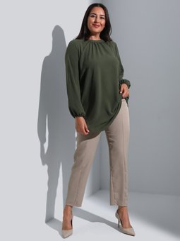 Derin Haki Kolları Lastikli Büyük Beden Tunik