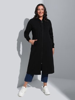 Kapüşonlu Ve Fermuarlıbüyük Beden Uzun Siyah Kap