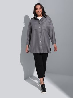 Koyu Gri Cep Detaylı Gömlek Yaka Büyük Beden Tunik