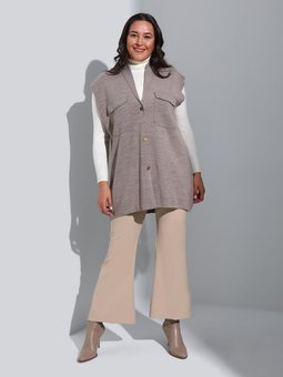 Şal Yaka Cep Detaylı Büyük Beden Triko Vizon Yelek