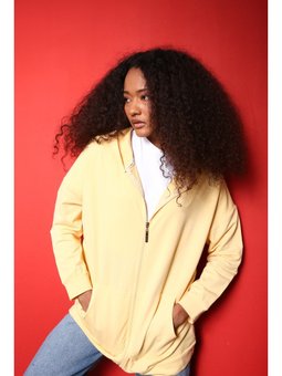 Açık Sarı Cepli Kapüşonlu Sweat Hırka