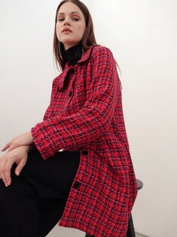 Kırmızı Kadife Düğmeli Gömlek Yaka Tüvit Ceket